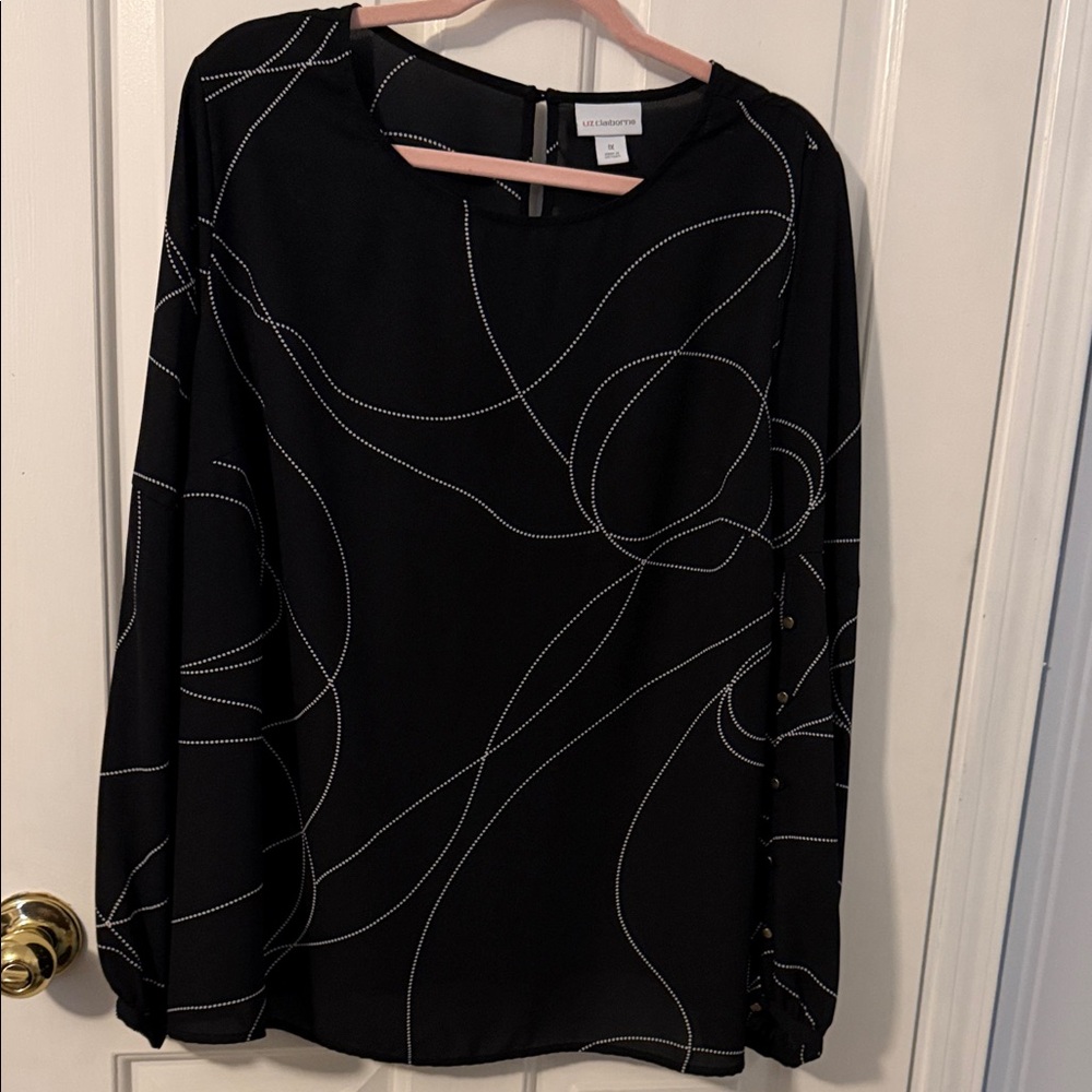 IC Collection Black Long-Sleeve Blouse with White Swirl Stitching